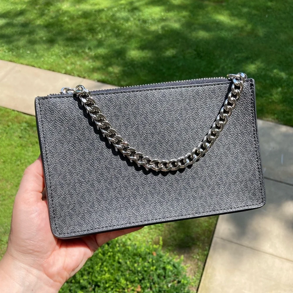 Michael Kors Black Logo Print Belt Bag Fanny Pack With Silver Pull Chain Small